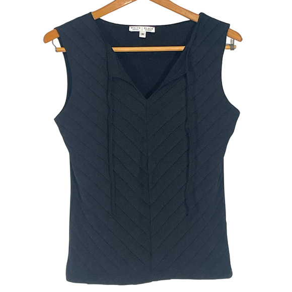 WHBM Sz M Stretch Knit Tank Top Chevron Pintucks V-Neck w/Drawstrings Black - Picture 1 of 6